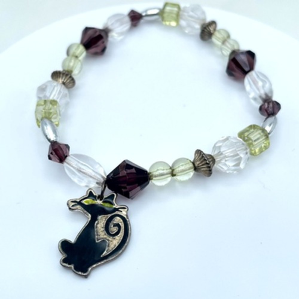 Contemporary Gold-Tone Classic Stretch Faceted Glass Beaded Cat Charm Bracelet